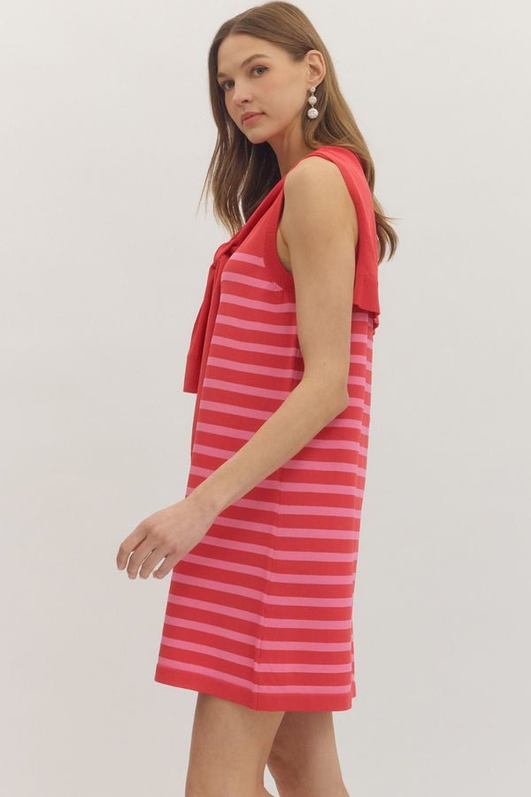 Striped Sleeveless Dress- Red