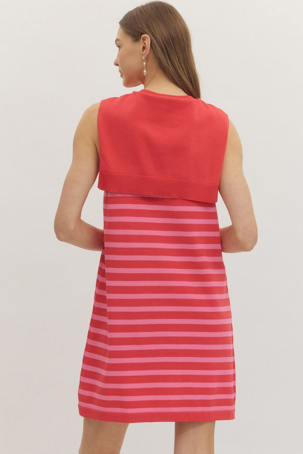 Striped Sleeveless Dress- Red