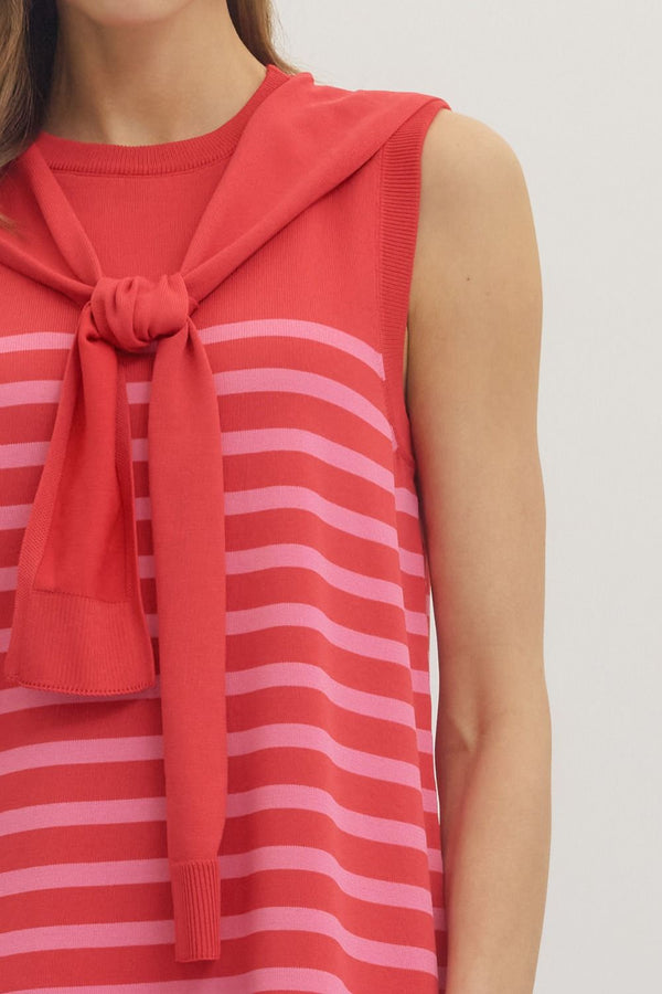 Striped Sleeveless Dress- Red