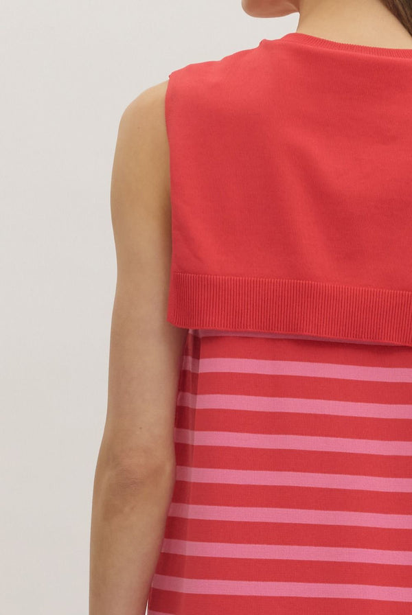 Striped Sleeveless Dress- Red