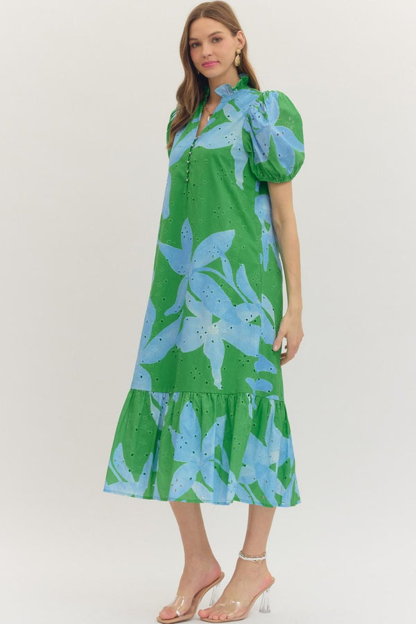 Botanical Print Eyelet Embroidery Dress- Green