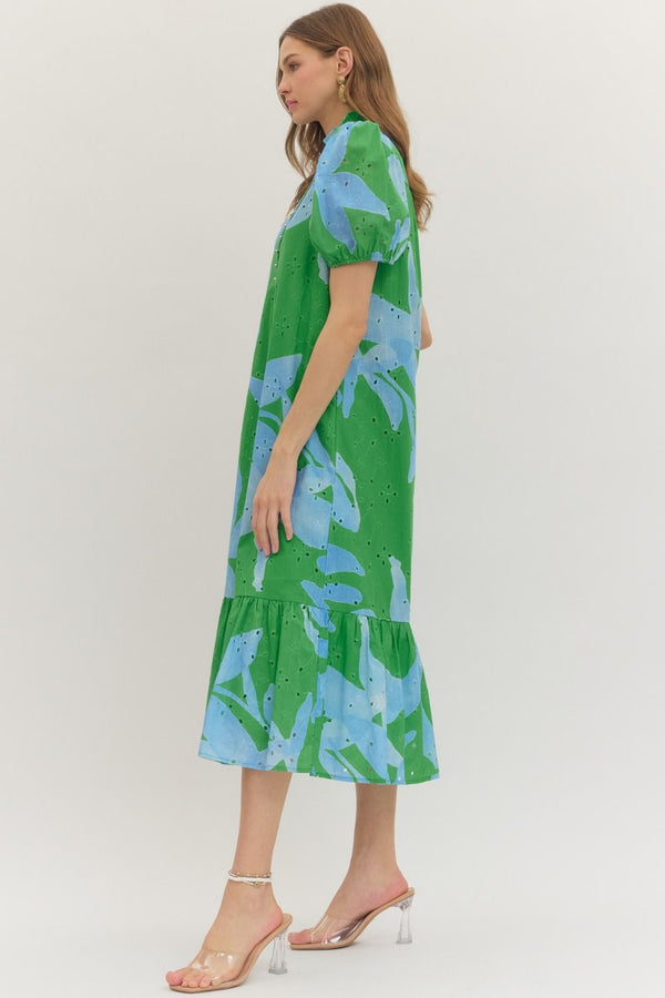 Botanical Print Eyelet Embroidery Dress- Green