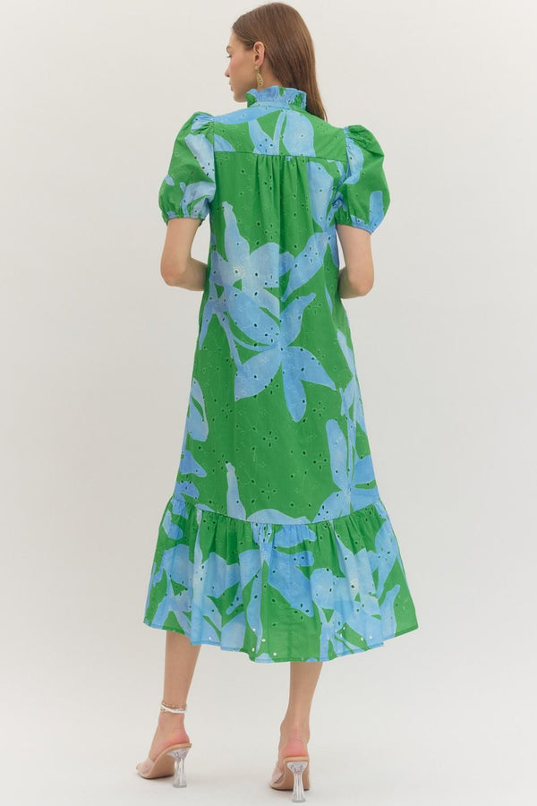 Botanical Print Eyelet Embroidery Dress- Green