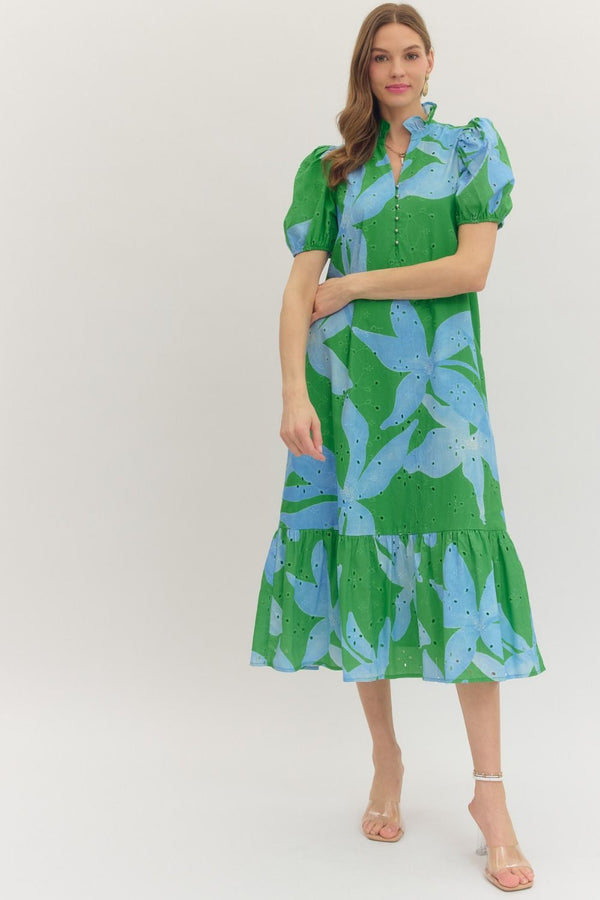 Botanical Print Eyelet Embroidery Dress- Green