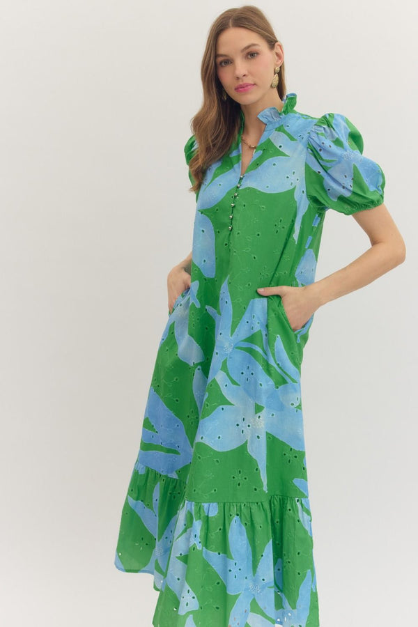Botanical Print Eyelet Embroidery Dress- Green
