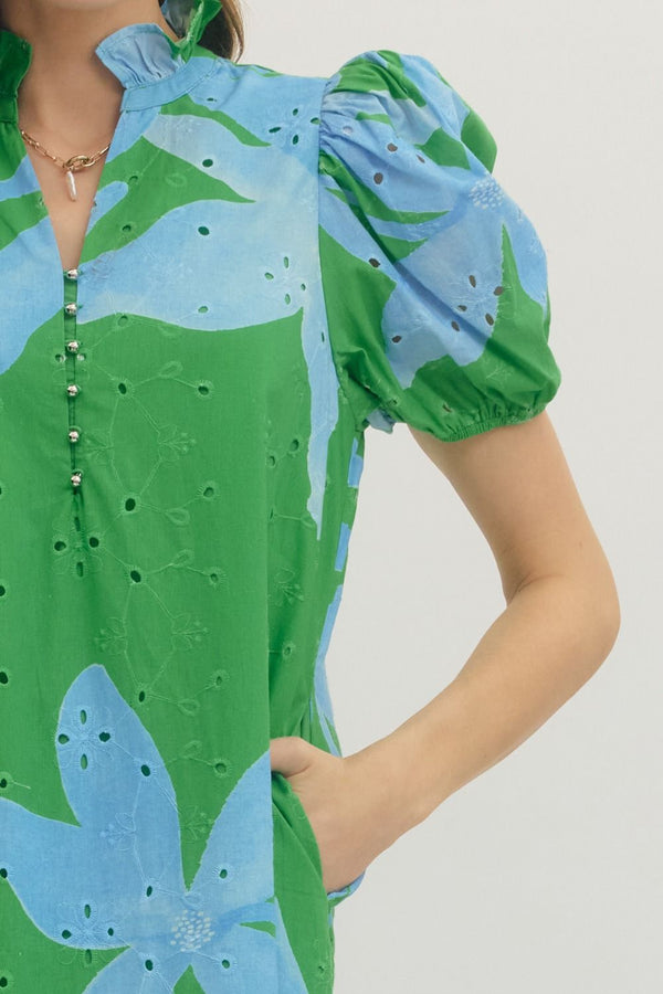 Botanical Print Eyelet Embroidery Dress- Green