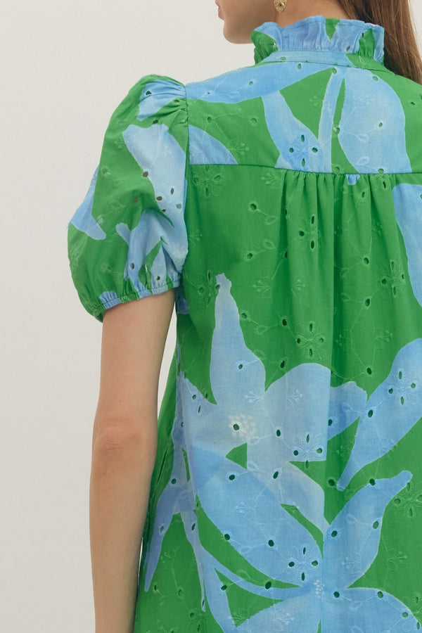 Botanical Print Eyelet Embroidery Dress- Green