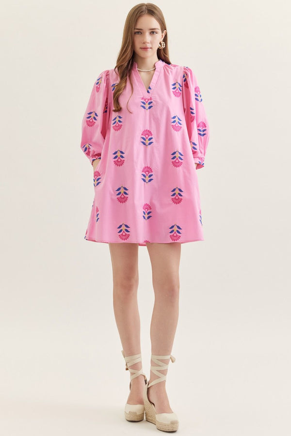 Embroidered 3/4 Puff Sleeve Dress- Pink
