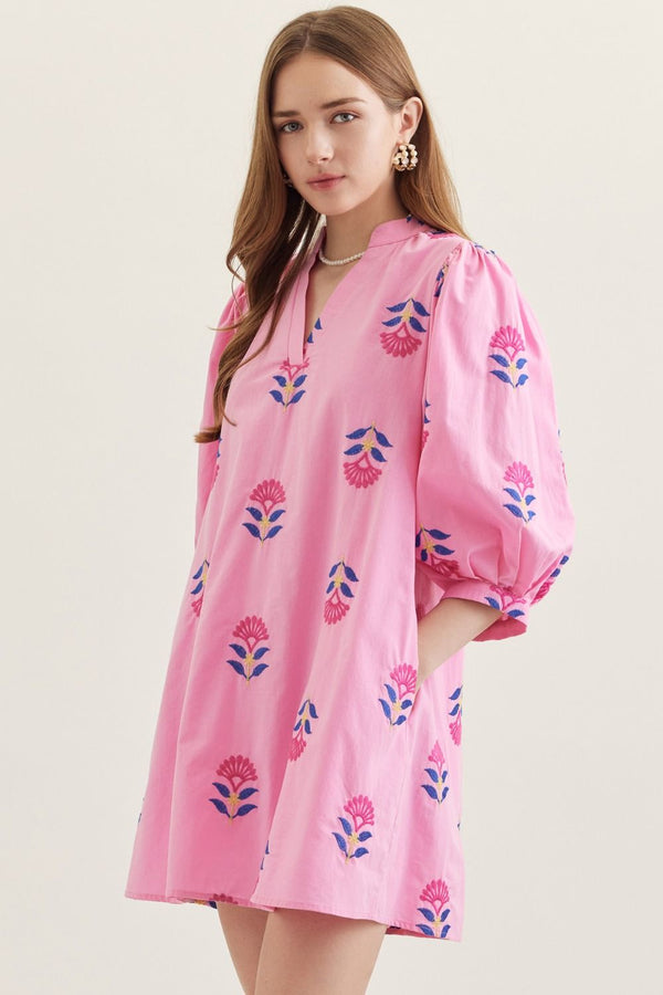 Embroidered 3/4 Puff Sleeve Dress- Pink