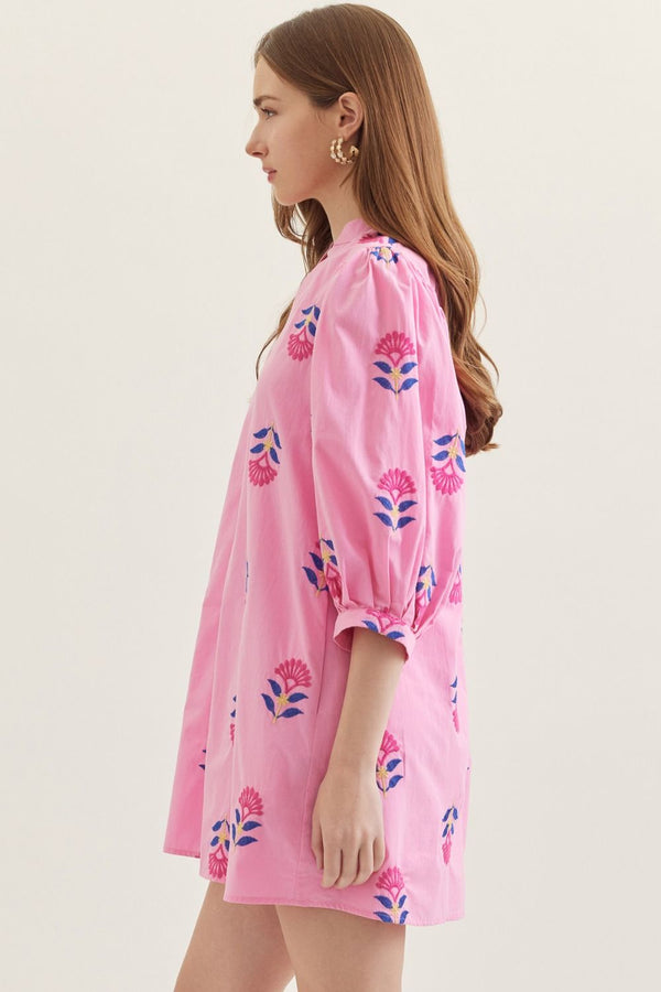 Embroidered 3/4 Puff Sleeve Dress- Pink