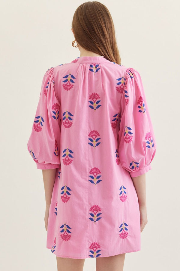 Embroidered 3/4 Puff Sleeve Dress- Pink