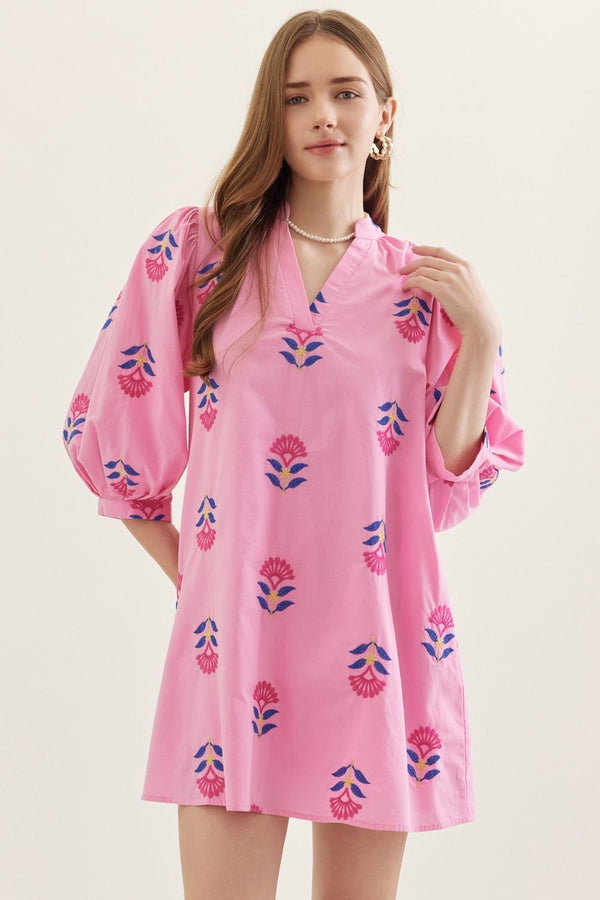 Embroidered 3/4 Puff Sleeve Dress- Pink