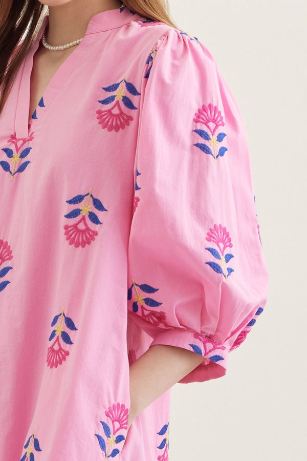 Embroidered 3/4 Puff Sleeve Dress- Pink