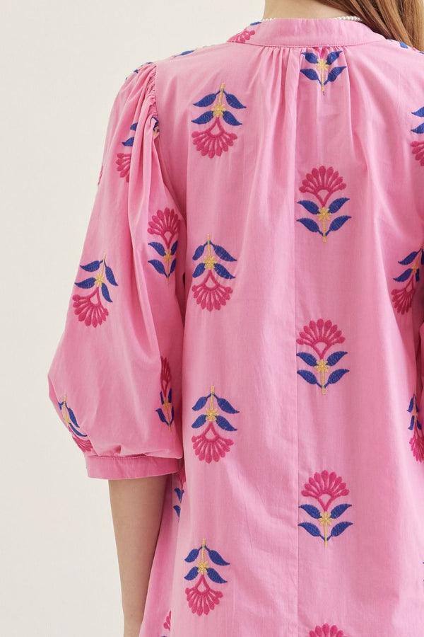 Embroidered 3/4 Puff Sleeve Dress- Pink