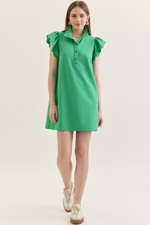 Solid Scallop Flutter Sleeve Dress- Green