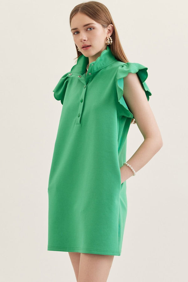 Solid Scallop Flutter Sleeve Dress- Green