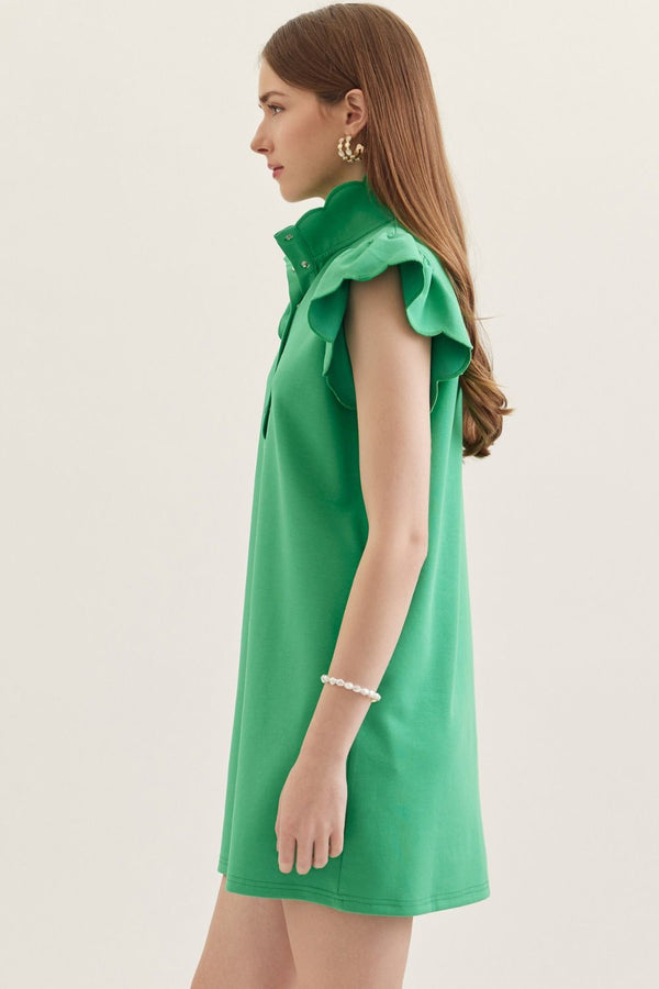 Solid Scallop Flutter Sleeve Dress- Green