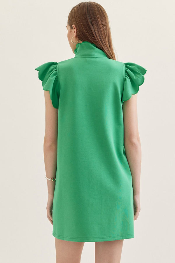Solid Scallop Flutter Sleeve Dress- Green