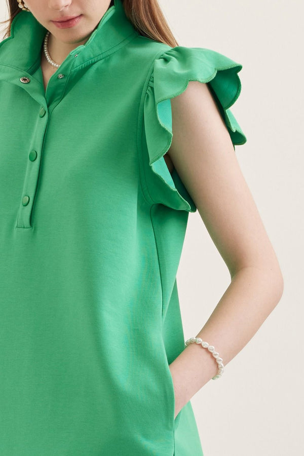 Solid Scallop Flutter Sleeve Dress- Green