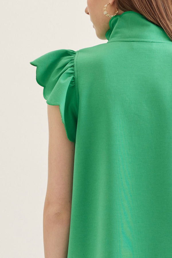 Solid Scallop Flutter Sleeve Dress- Green