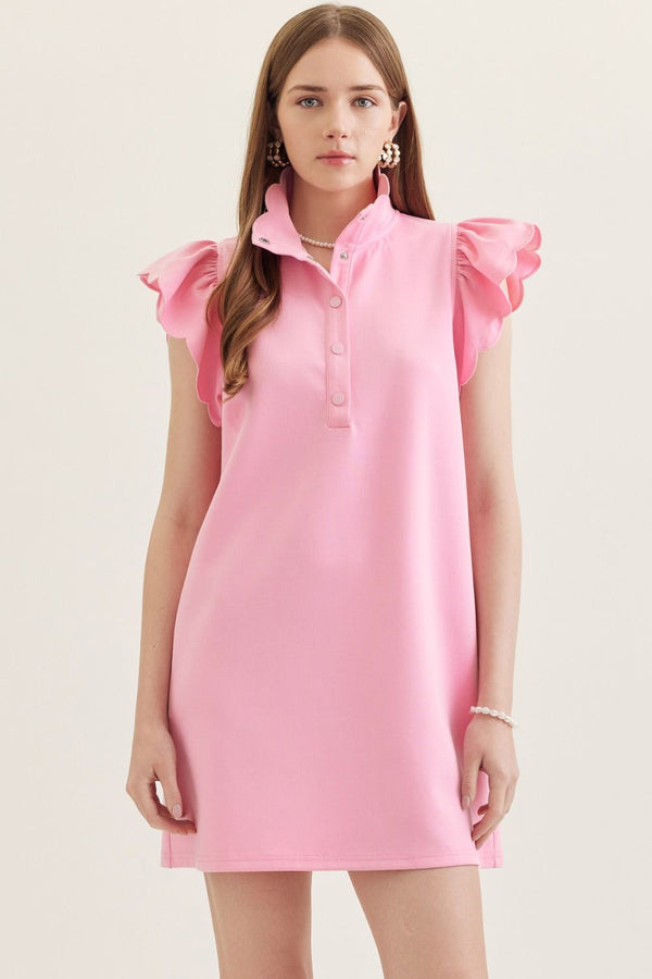 Solid Scallop Flutter Sleeve Dress- Pink