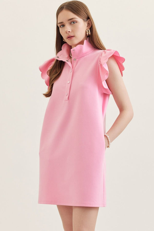 Solid Scallop Flutter Sleeve Dress- Pink