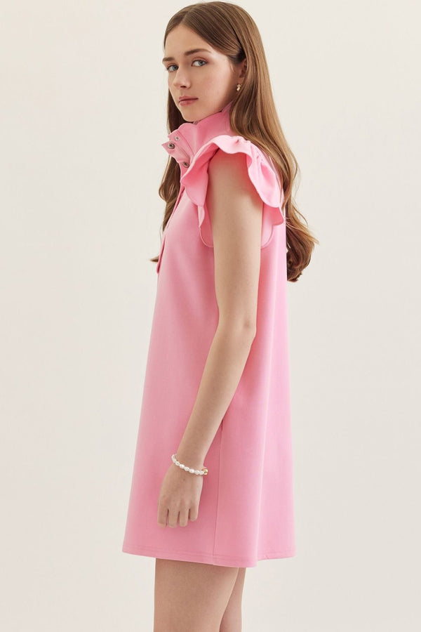 Solid Scallop Flutter Sleeve Dress- Pink