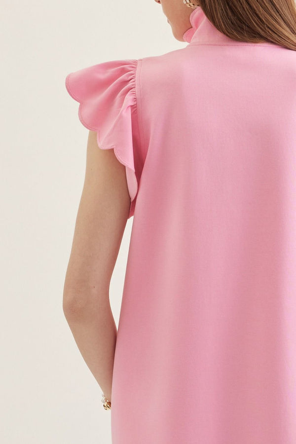 Solid Scallop Flutter Sleeve Dress- Pink