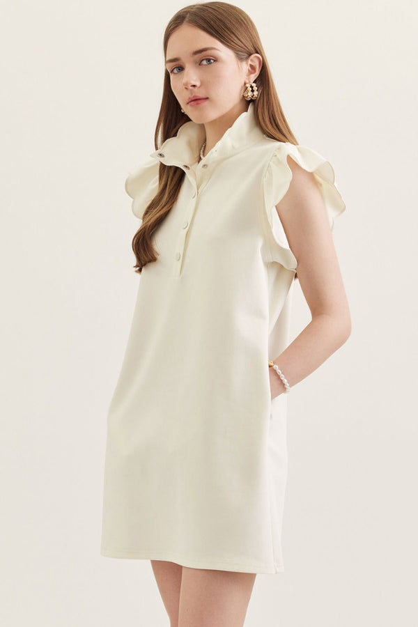 Solid Scallop Flutter Sleeve Dress- Cream