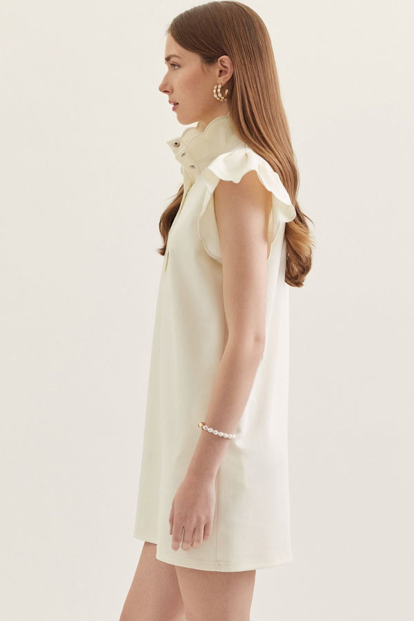 Solid Scallop Flutter Sleeve Dress- Cream