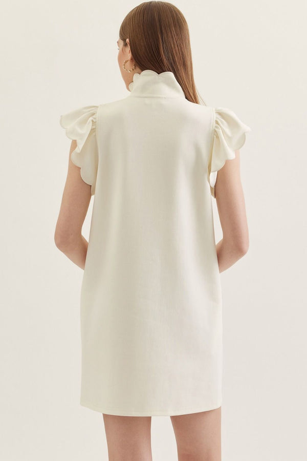 Solid Scallop Flutter Sleeve Dress- Cream