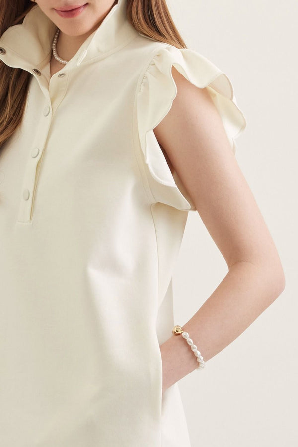 Solid Scallop Flutter Sleeve Dress- Cream