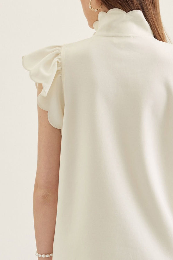Solid Scallop Flutter Sleeve Dress- Cream
