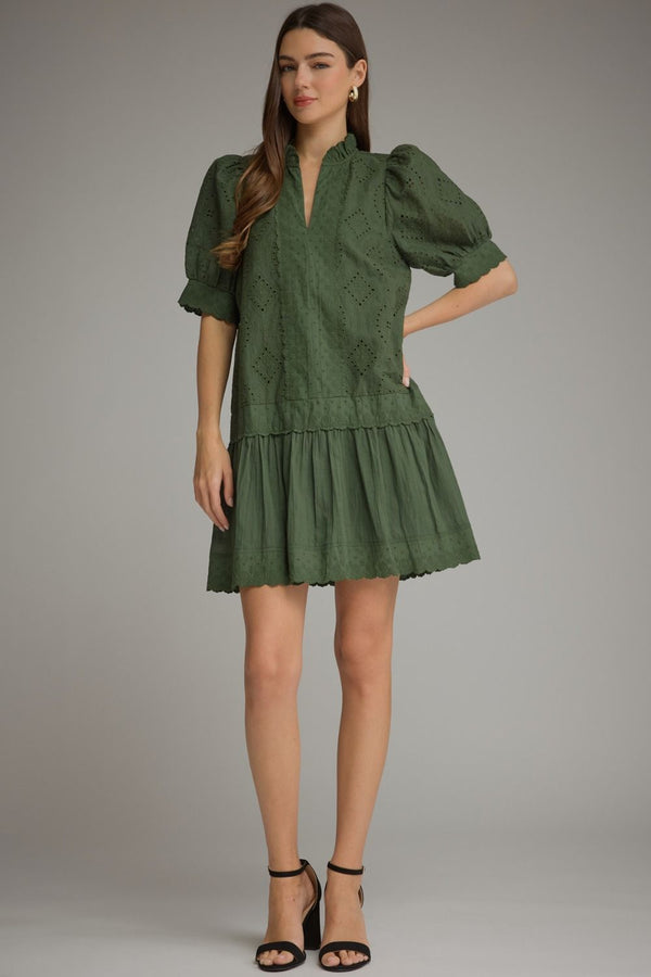 Solid Puff Sleeve Dress- H. Green