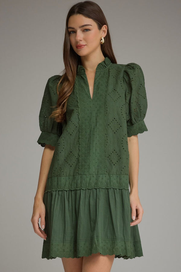 Solid Puff Sleeve Dress- H. Green