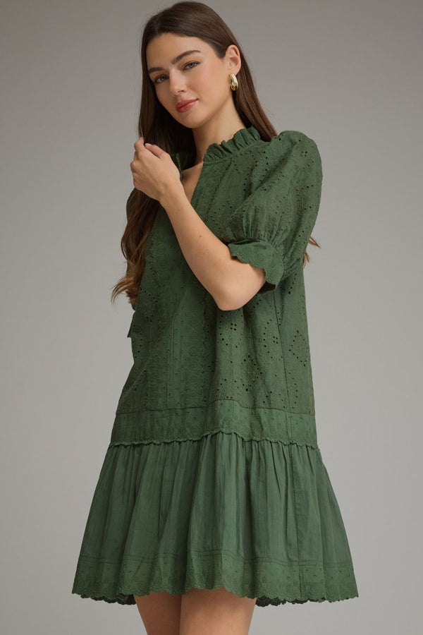 Solid Puff Sleeve Dress- H. Green