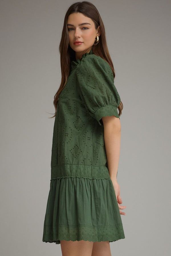 Solid Puff Sleeve Dress- H. Green