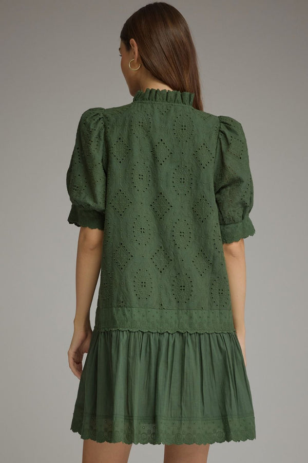 Solid Puff Sleeve Dress- H. Green