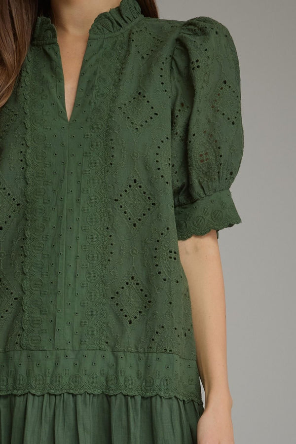 Solid Puff Sleeve Dress- H. Green