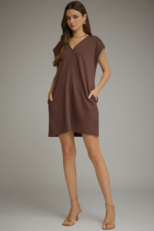 Solid Sleeveless V-Neck Dress- Brown