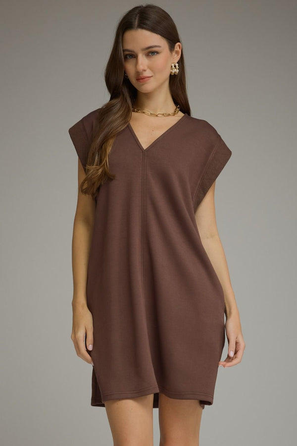 Solid Sleeveless V-Neck Dress- Brown