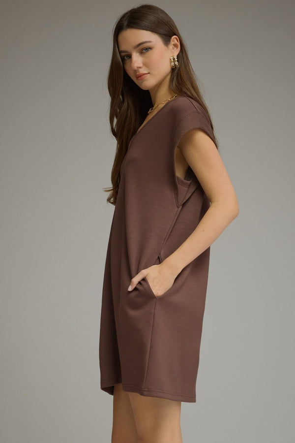 Solid Sleeveless V-Neck Dress- Brown