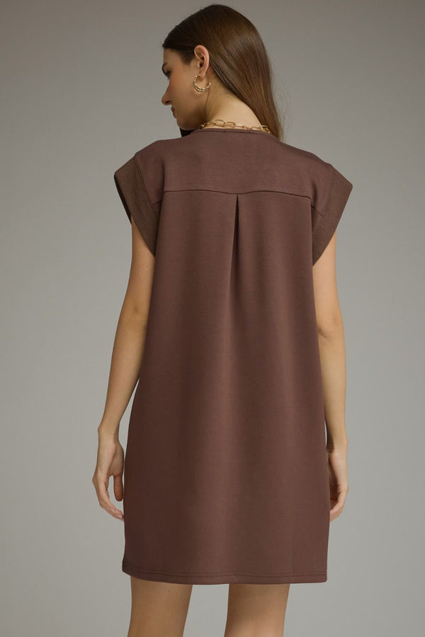 Solid Sleeveless V-Neck Dress- Brown