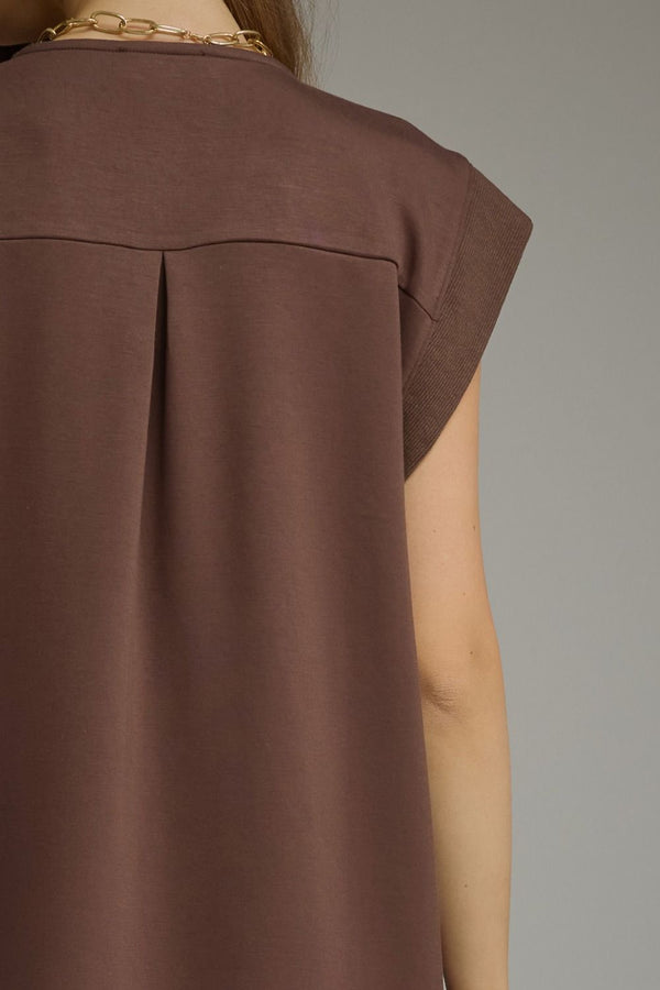 Solid Sleeveless V-Neck Dress- Brown