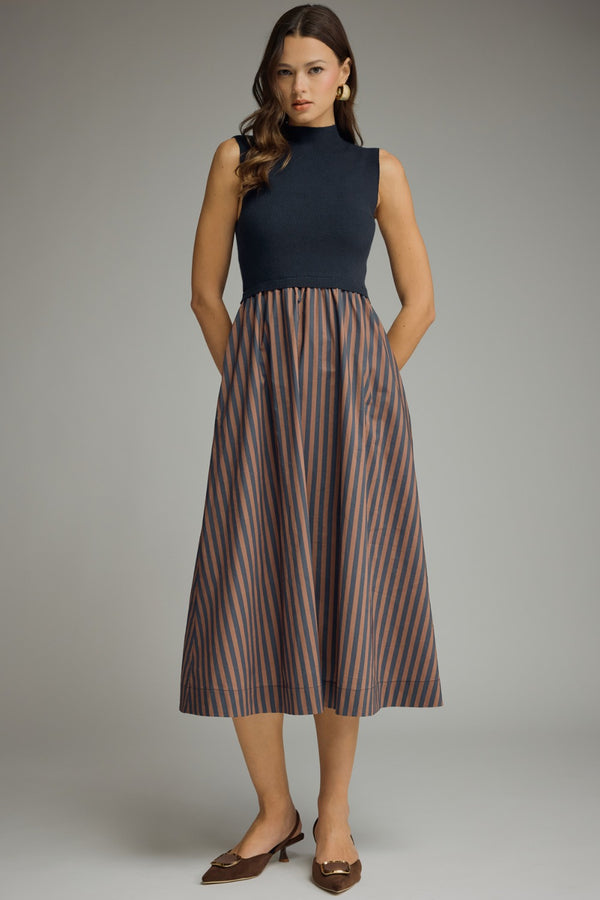 Solid Mock Neck Sleeveless Dress- Navy