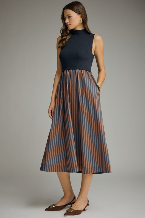 Solid Mock Neck Sleeveless Dress- Navy