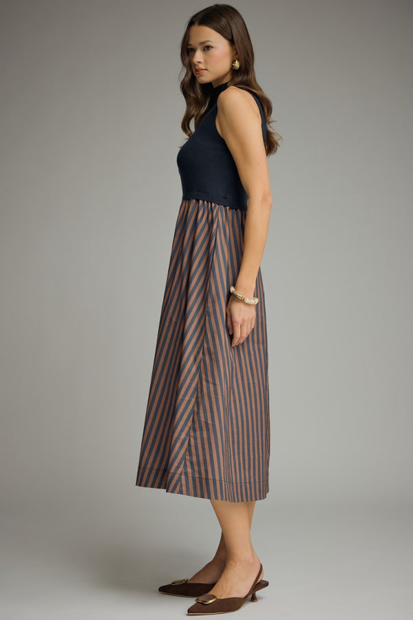Solid Mock Neck Sleeveless Dress- Navy