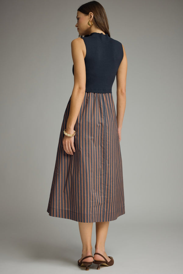 Solid Mock Neck Sleeveless Dress- Navy