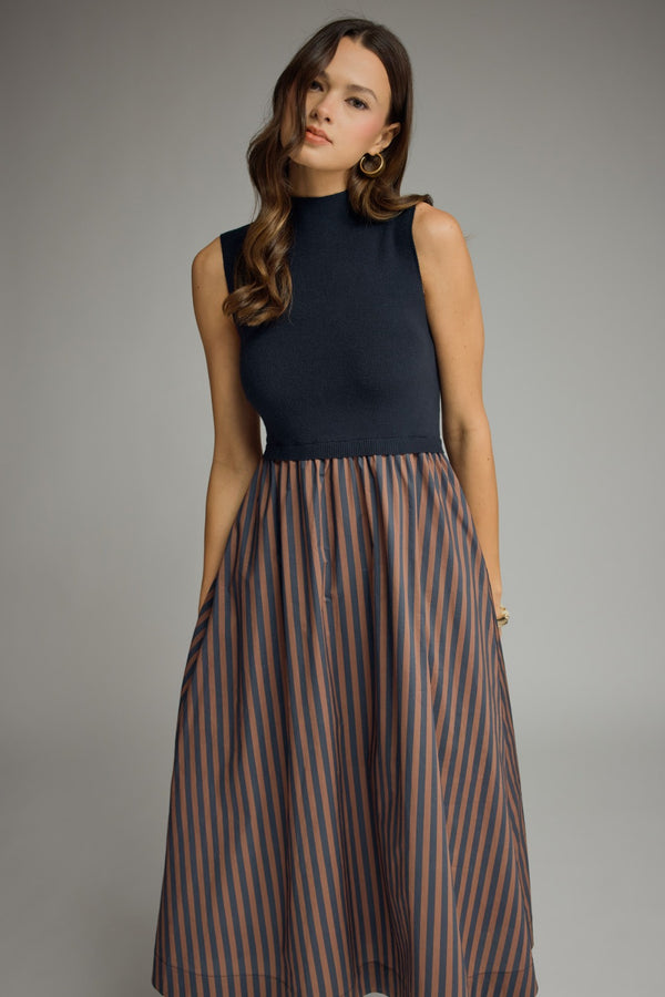 Solid Mock Neck Sleeveless Dress- Navy