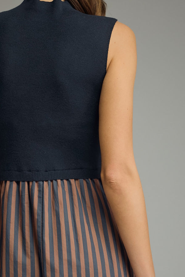 Solid Mock Neck Sleeveless Dress- Navy